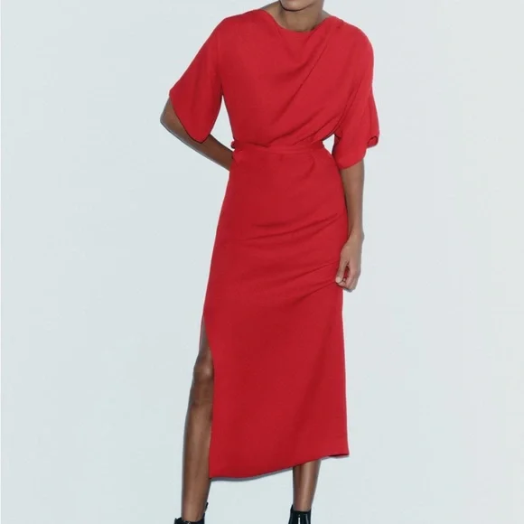 zara red belted dress ZARA NEW WOMAN MIDI BELTED ZW COLLECTION POPLIN DRESS RED XS-XXL 2640/360/600